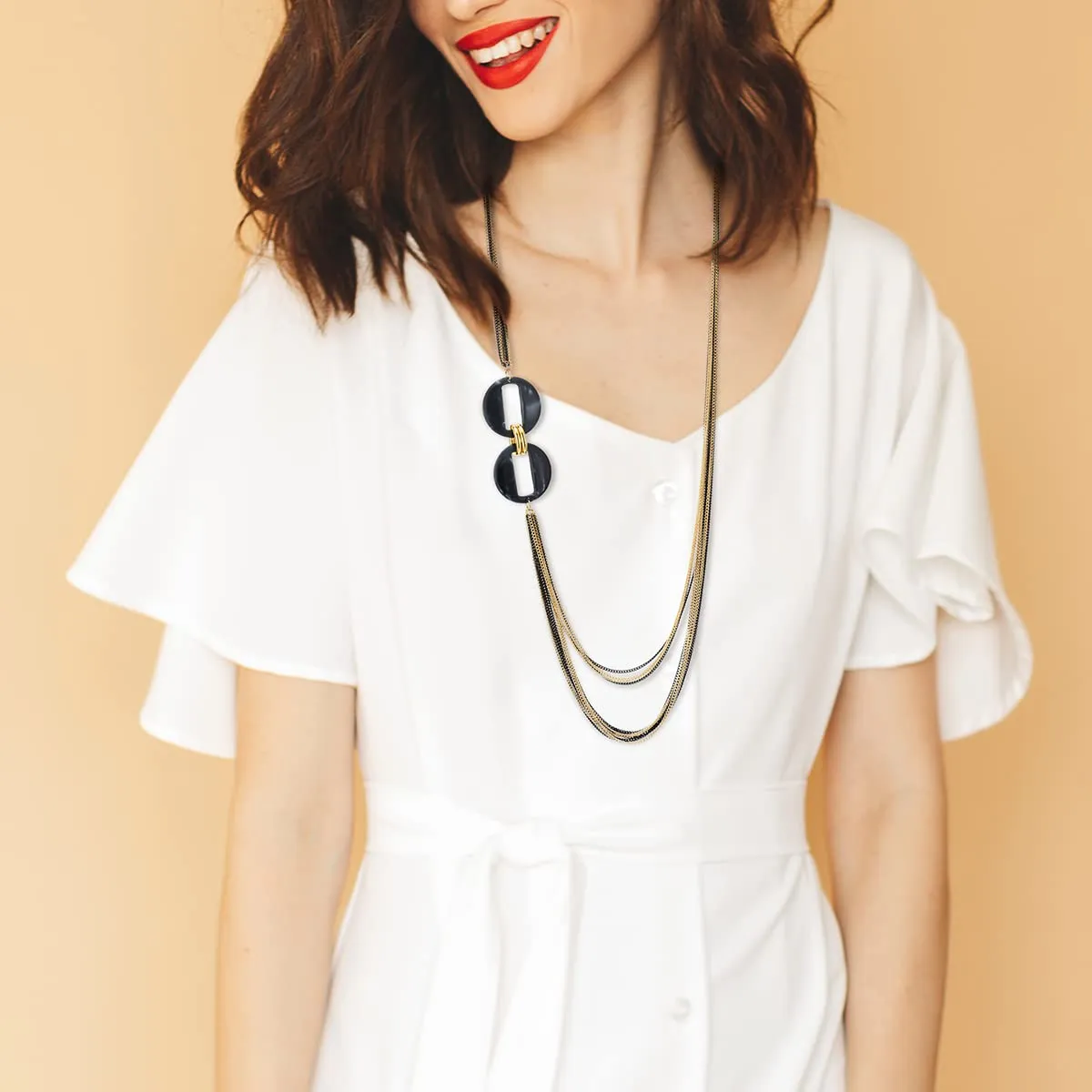 COOLSTEELANDBEYOND Long Layered Necklace, Statement Necklace with Acrylic Oval Link Charms, Waterfall Multi-Strand Gold Black Chains