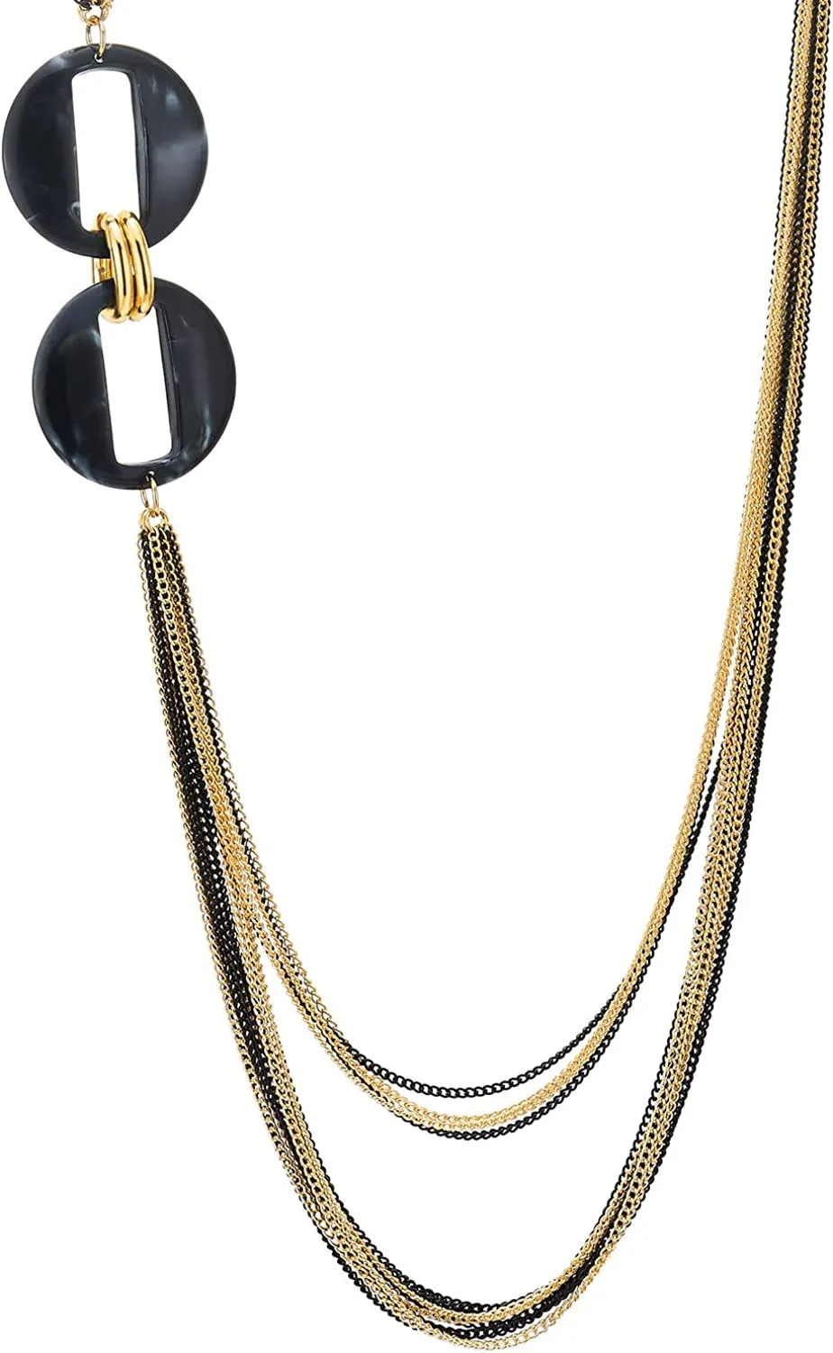 COOLSTEELANDBEYOND Long Layered Necklace, Statement Necklace with Acrylic Oval Link Charms, Waterfall Multi-Strand Gold Black Chains