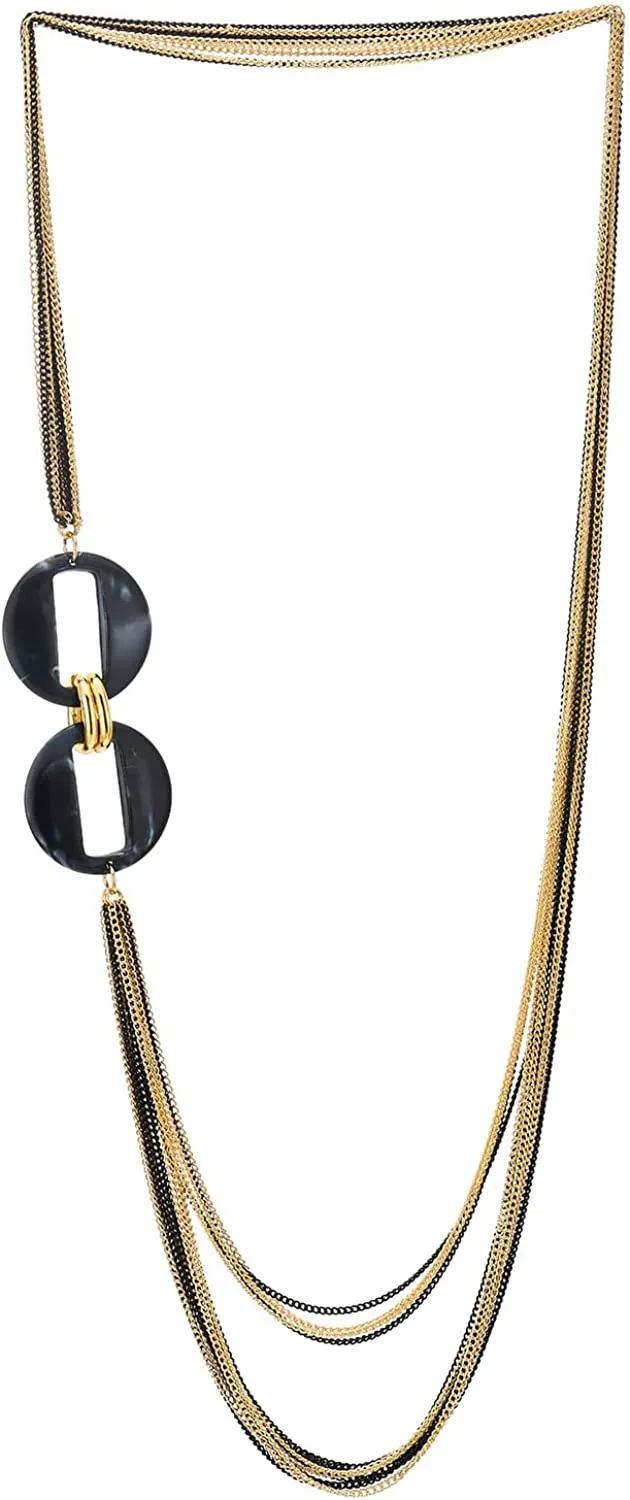 COOLSTEELANDBEYOND Long Layered Necklace, Statement Necklace with Acrylic Oval Link Charms, Waterfall Multi-Strand Gold Black Chains