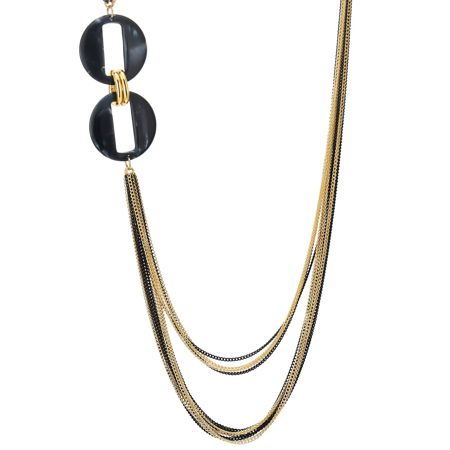 COOLSTEELANDBEYOND Long Layered Necklace, Statement Necklace with Acrylic Oval Link Charms, Waterfall Multi-Strand Gold Black Chains