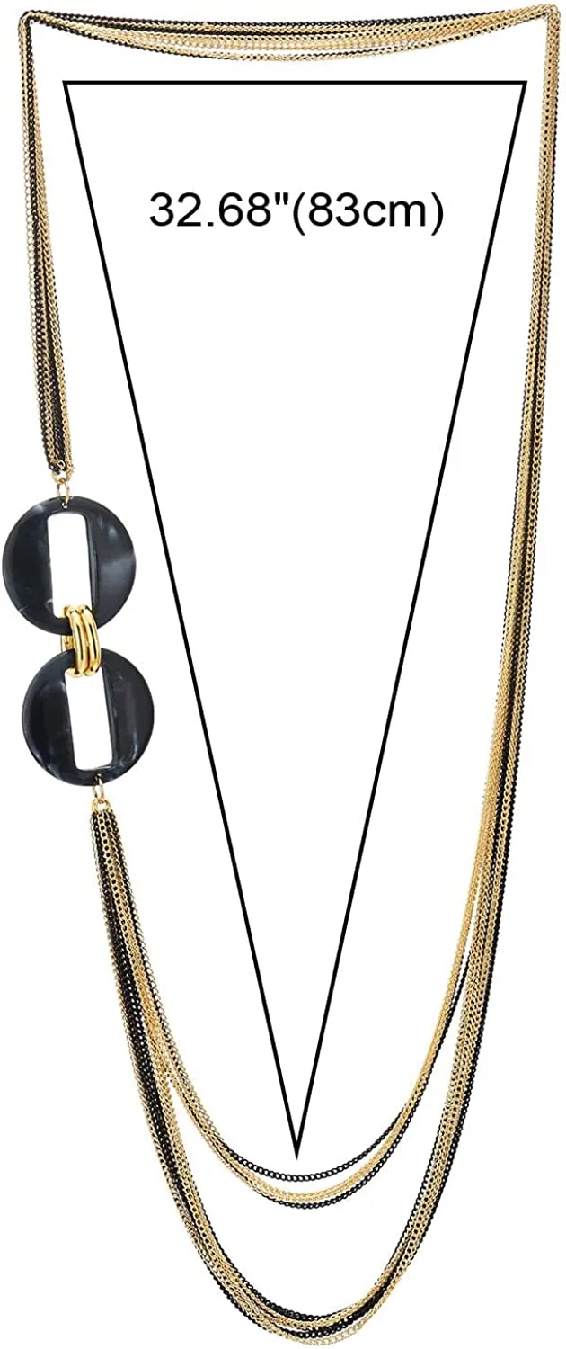 COOLSTEELANDBEYOND Long Layered Necklace, Statement Necklace with Acrylic Oval Link Charms, Waterfall Multi-Strand Gold Black Chains