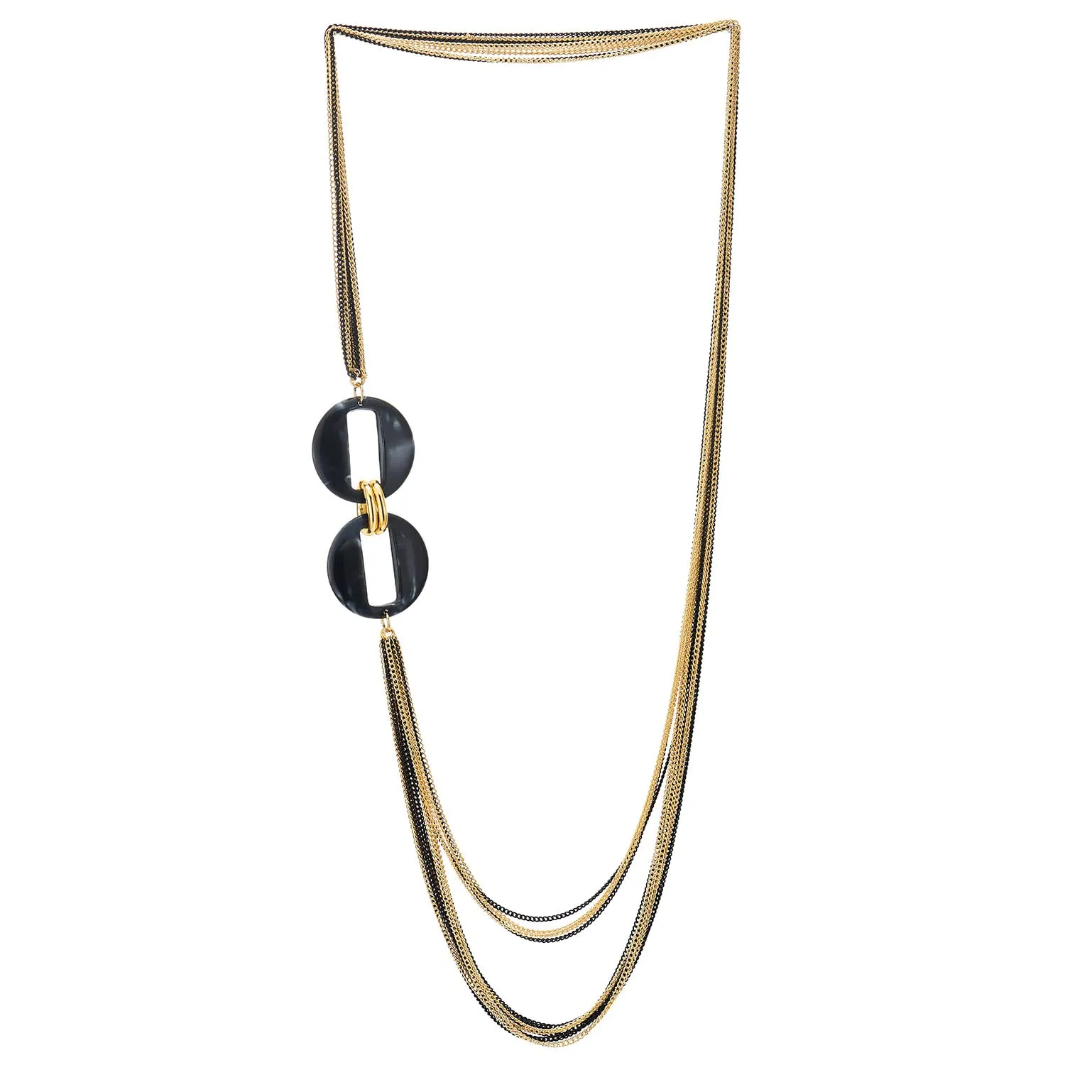 COOLSTEELANDBEYOND Long Layered Necklace, Statement Necklace with Acrylic Oval Link Charms, Waterfall Multi-Strand Gold Black Chains