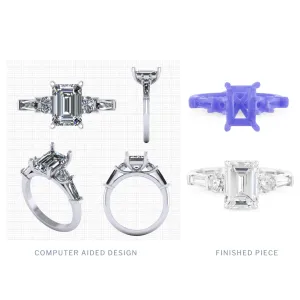 Custom Designed Engagement Ring with Emerald Cut Diamond Five Stone 14K White Gold Band