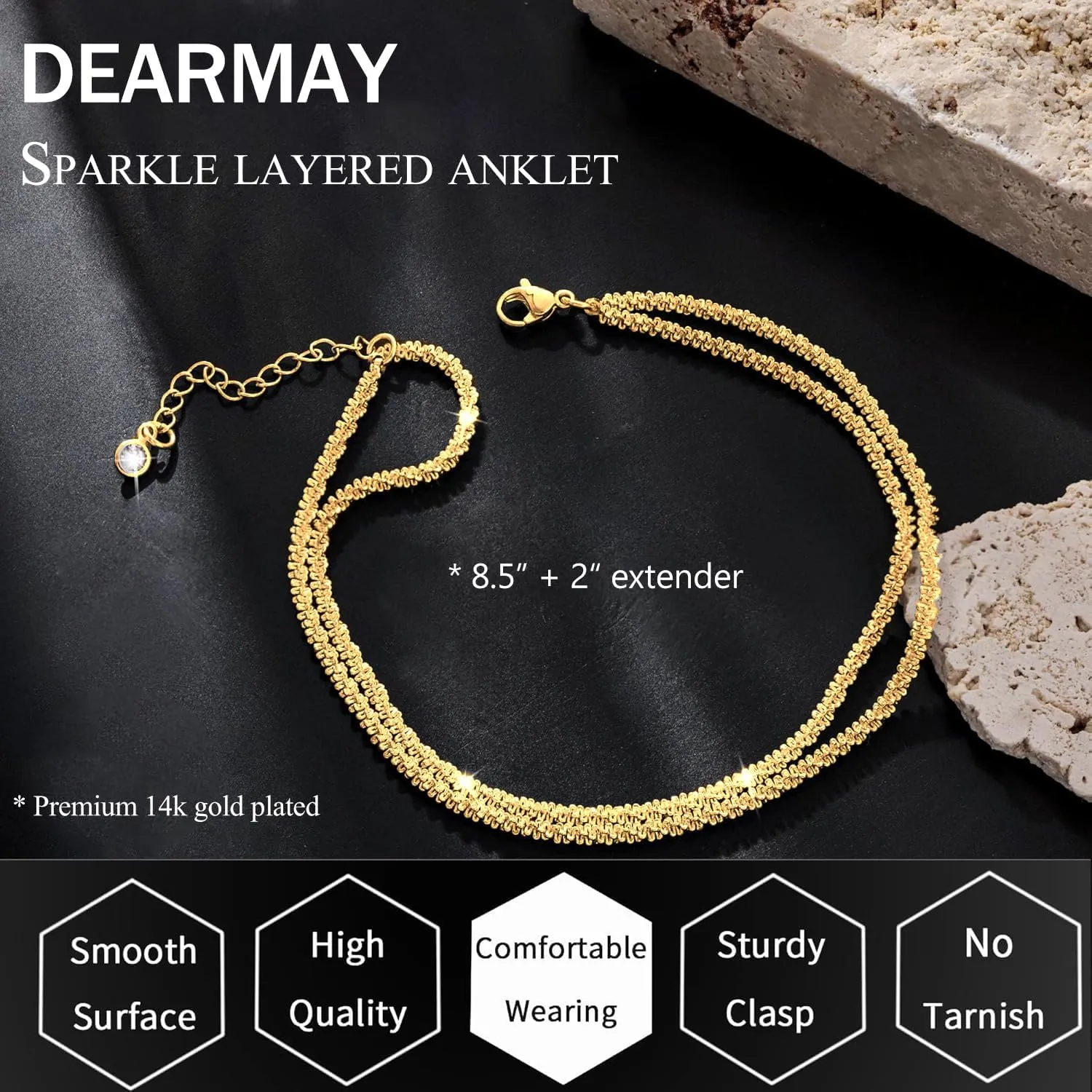 DEARMAY Waterproof Gold Ankle Bracelets for Women - Dainty 6Pcs 14K Gold Plated Anklets Layered Cuban Link Chain Herringbone Cute Anklets Set Pack Summer Beach Jewelry Gift for Women Teen