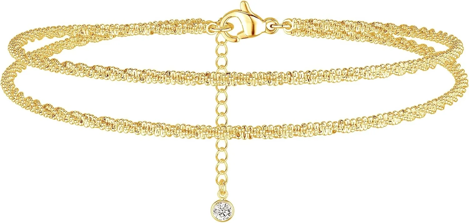 DEARMAY Waterproof Gold Ankle Bracelets for Women - Dainty 6Pcs 14K Gold Plated Anklets Layered Cuban Link Chain Herringbone Cute Anklets Set Pack Summer Beach Jewelry Gift for Women Teen
