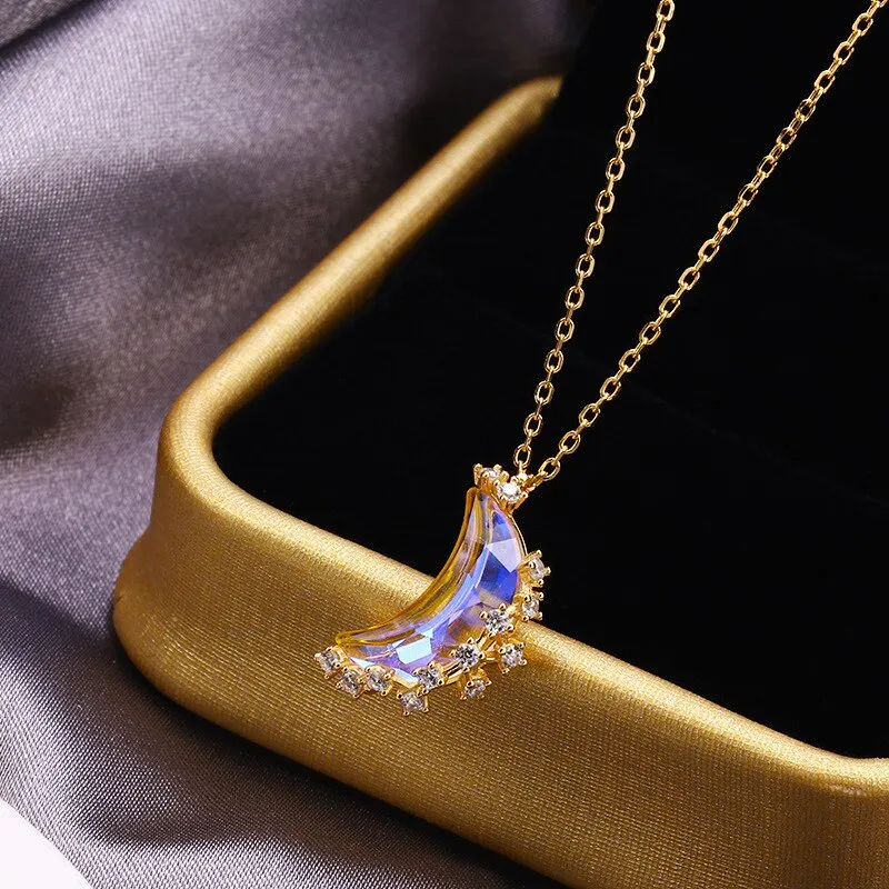 Designer original craftsmanship inlaid crystal moonstone half crescent chain necklace
