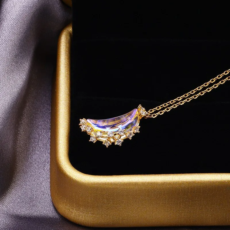 Designer original craftsmanship inlaid crystal moonstone half crescent chain necklace