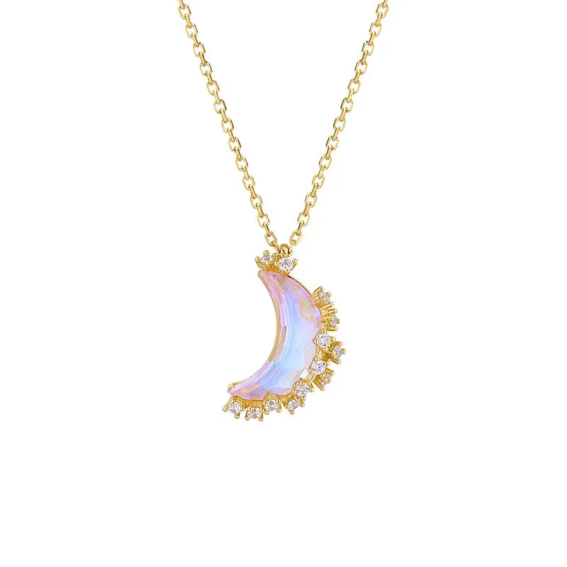 Designer original craftsmanship inlaid crystal moonstone half crescent chain necklace