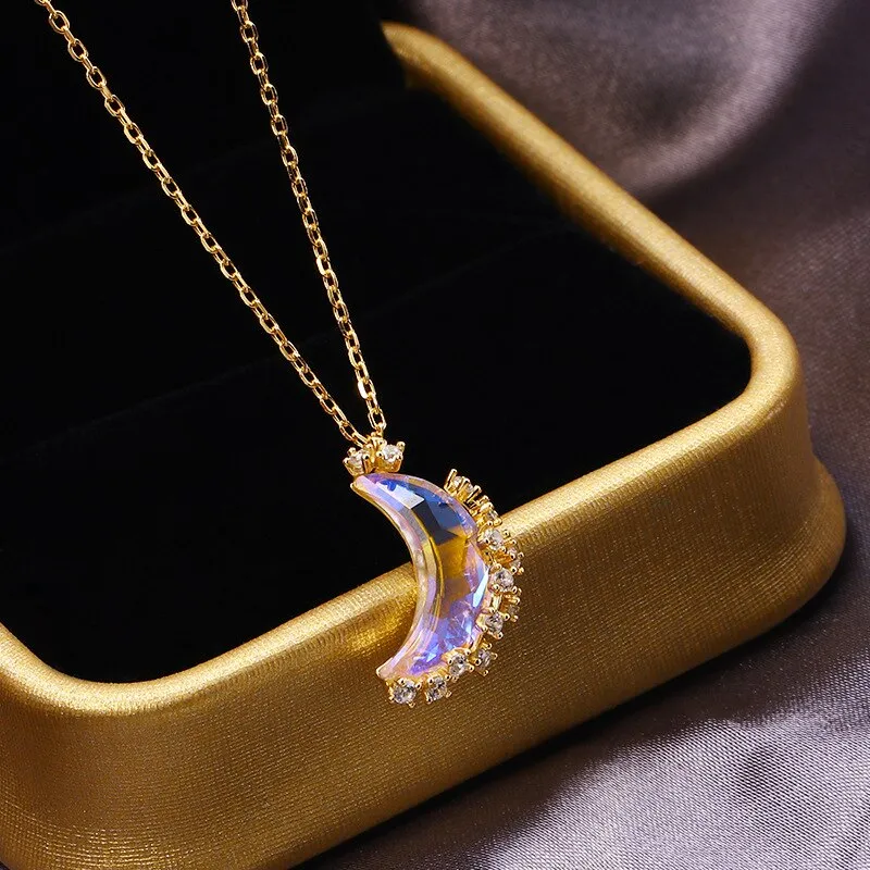 Designer original craftsmanship inlaid crystal moonstone half crescent chain necklace