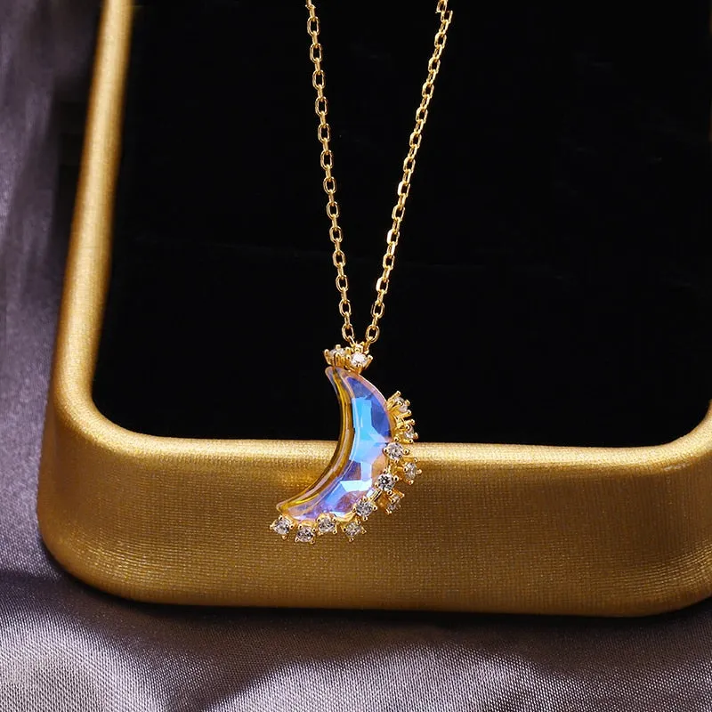 Designer original craftsmanship inlaid crystal moonstone half crescent chain necklace