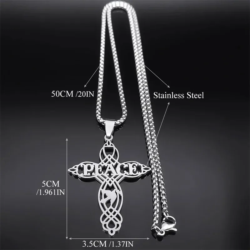 Dove of Peace Letter Cross Necklace for Women Men Stainless Steel Silver Color Exquisite Pigeon Chain