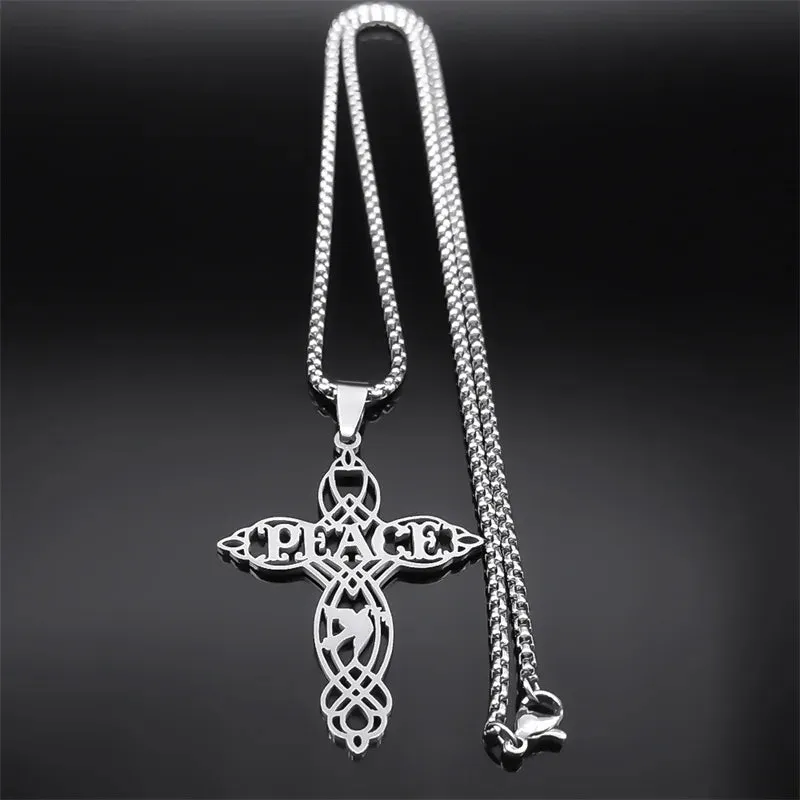 Dove of Peace Letter Cross Necklace for Women Men Stainless Steel Silver Color Exquisite Pigeon Chain