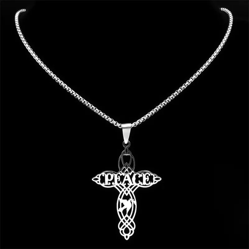 Dove of Peace Letter Cross Necklace for Women Men Stainless Steel Silver Color Exquisite Pigeon Chain