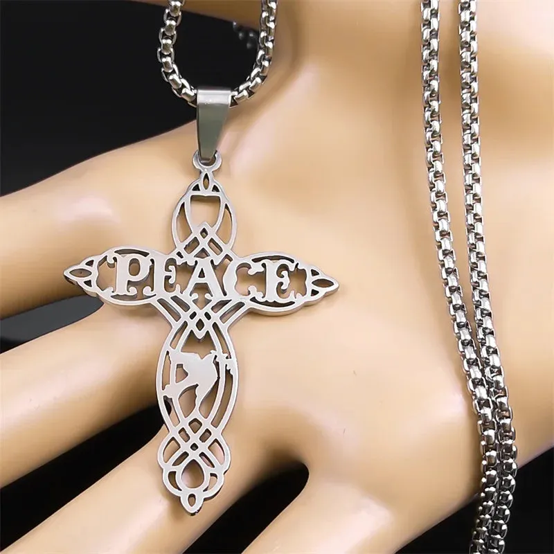 Dove of Peace Letter Cross Necklace for Women Men Stainless Steel Silver Color Exquisite Pigeon Chain