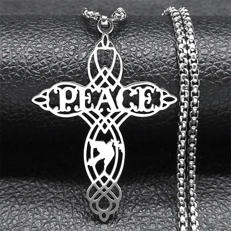 Dove of Peace Letter Cross Necklace for Women Men Stainless Steel Silver Color Exquisite Pigeon Chain