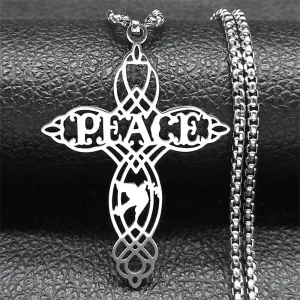 Dove of Peace Letter Cross Necklace for Women Men Stainless Steel Silver Color Exquisite Pigeon Chain