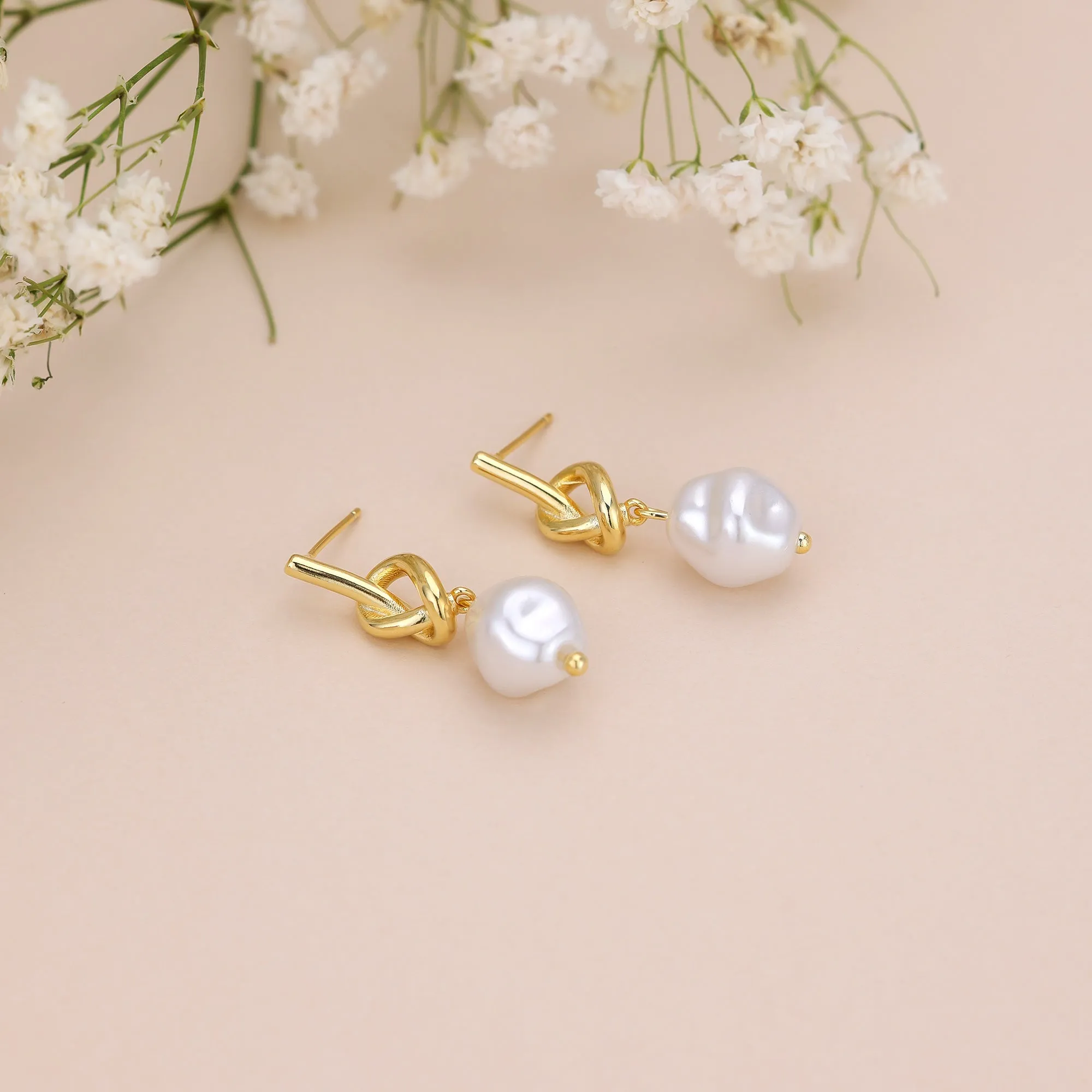 E161 love knot pearl dangle stud earrings