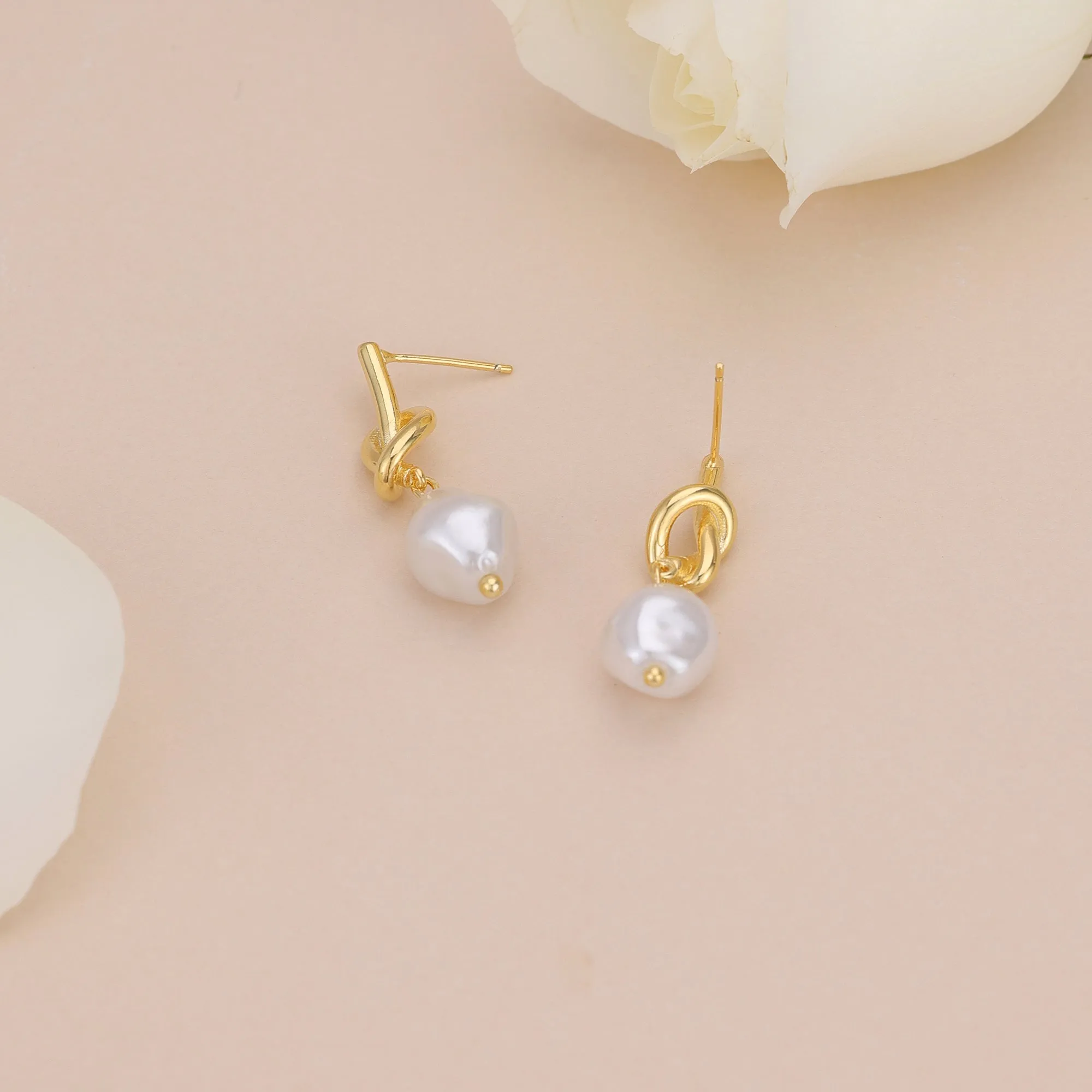 E161 love knot pearl dangle stud earrings