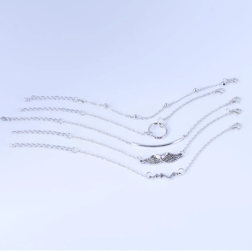 Ecg Wing String Bead Round Tube Circle 5 Piece Set Bracelet