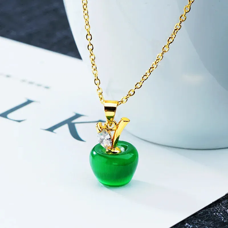 Exquisite Cat's Eye Stone Apple Necklace with Sparkling Zircon, Perfect Gift for Women