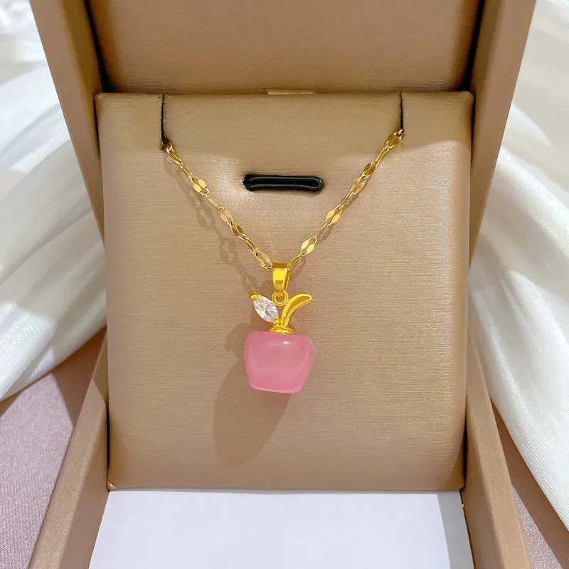 Exquisite Cat's Eye Stone Apple Necklace with Sparkling Zircon, Perfect Gift for Women