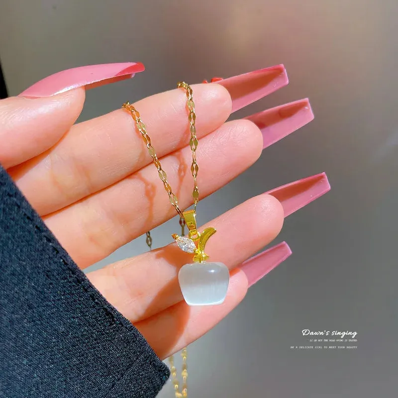Exquisite Cat's Eye Stone Apple Necklace with Sparkling Zircon, Perfect Gift for Women