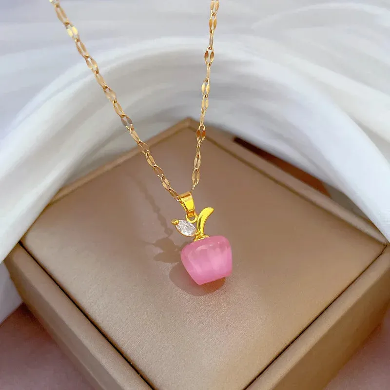 Exquisite Cat's Eye Stone Apple Necklace with Sparkling Zircon, Perfect Gift for Women