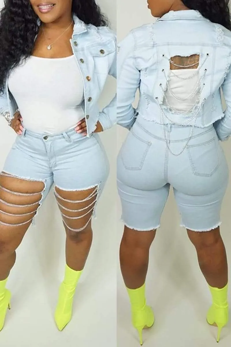Fashion Casual Chains Backless Denim Coat