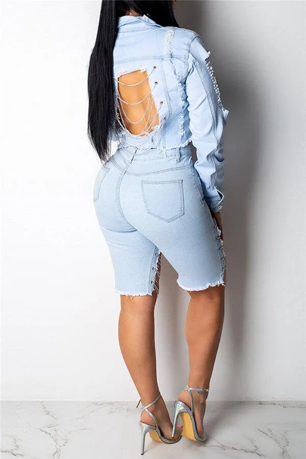 Fashion Casual Chains Backless Denim Coat