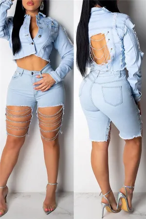 Fashion Casual Chains Backless Denim Coat