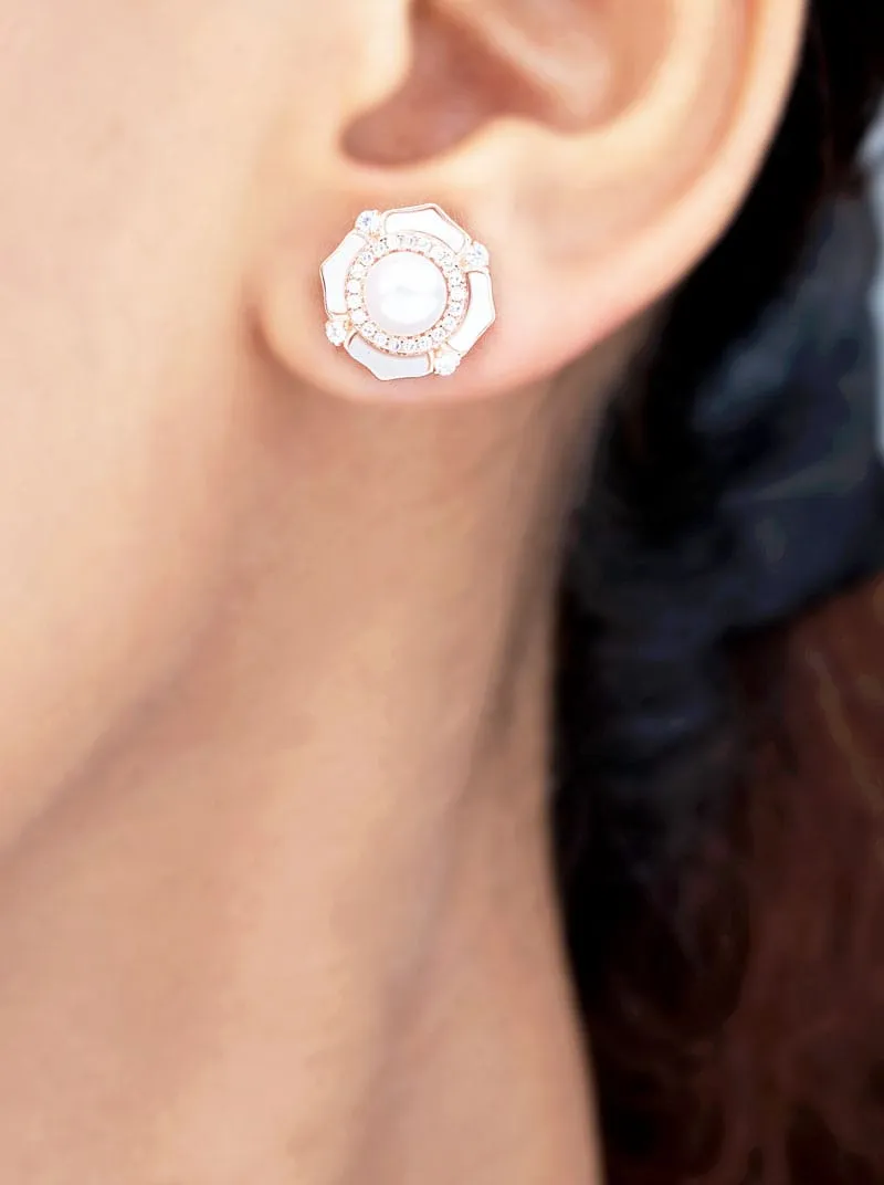 Floral Pearl Stud Earrings (Pure Silver)