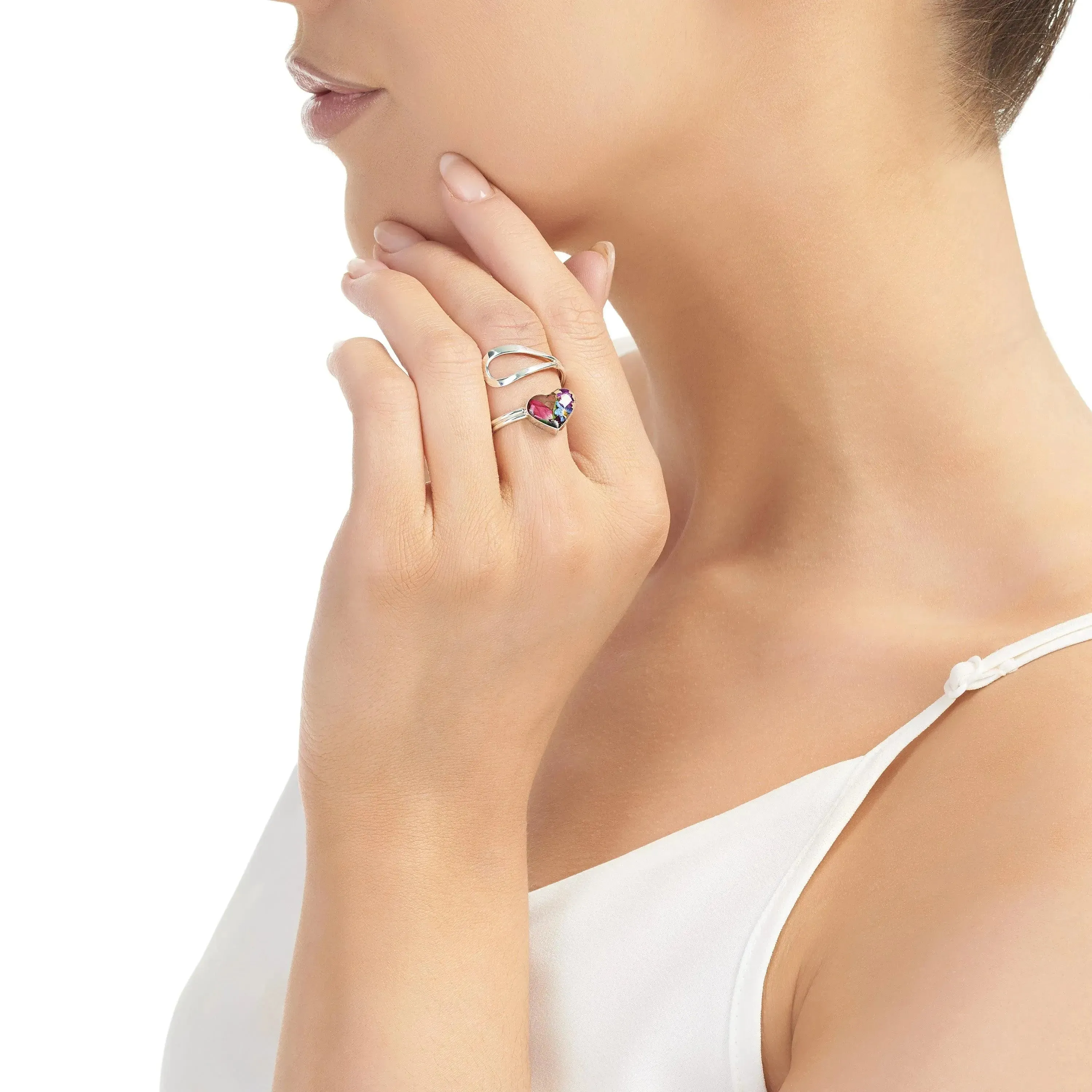 Flower ring by Shrieking Violet Sterling silver adjustable ring. Heart charm filled with tiny flowers including a  miniature rose & forget-me not