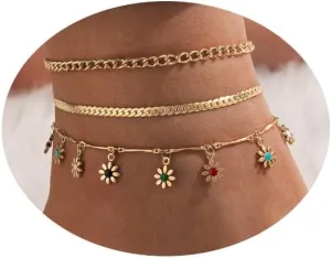FUTIMELY Layered Gold Daisy Ankle Bracelets Set for Women 14k Gold Plated Beach Waterproof Chain Anklets Set Stackable Foot Jewelry for Gift