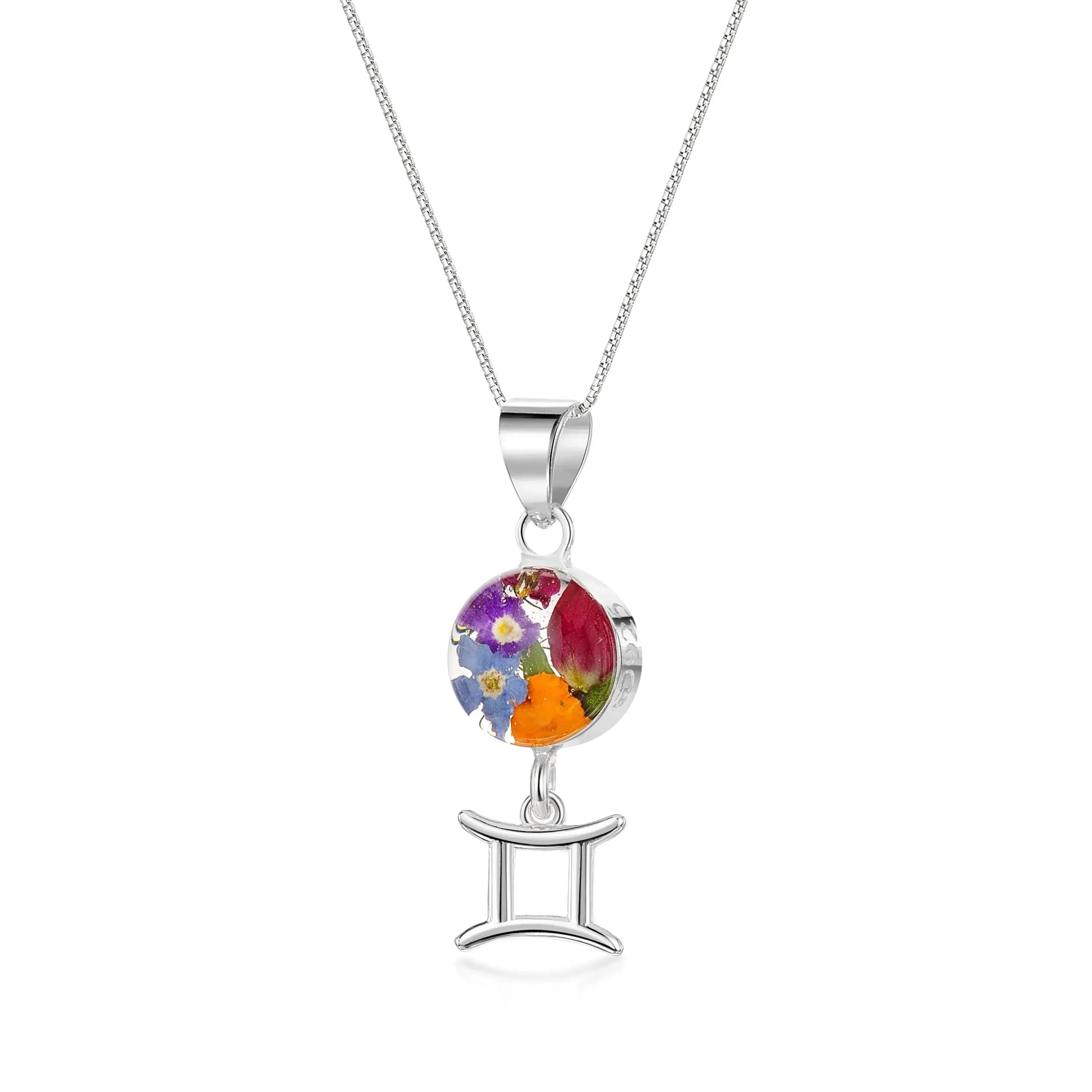 Gemini Necklace - Sterling silver pendant with real flowers & a zodiac charm.  More Options...
