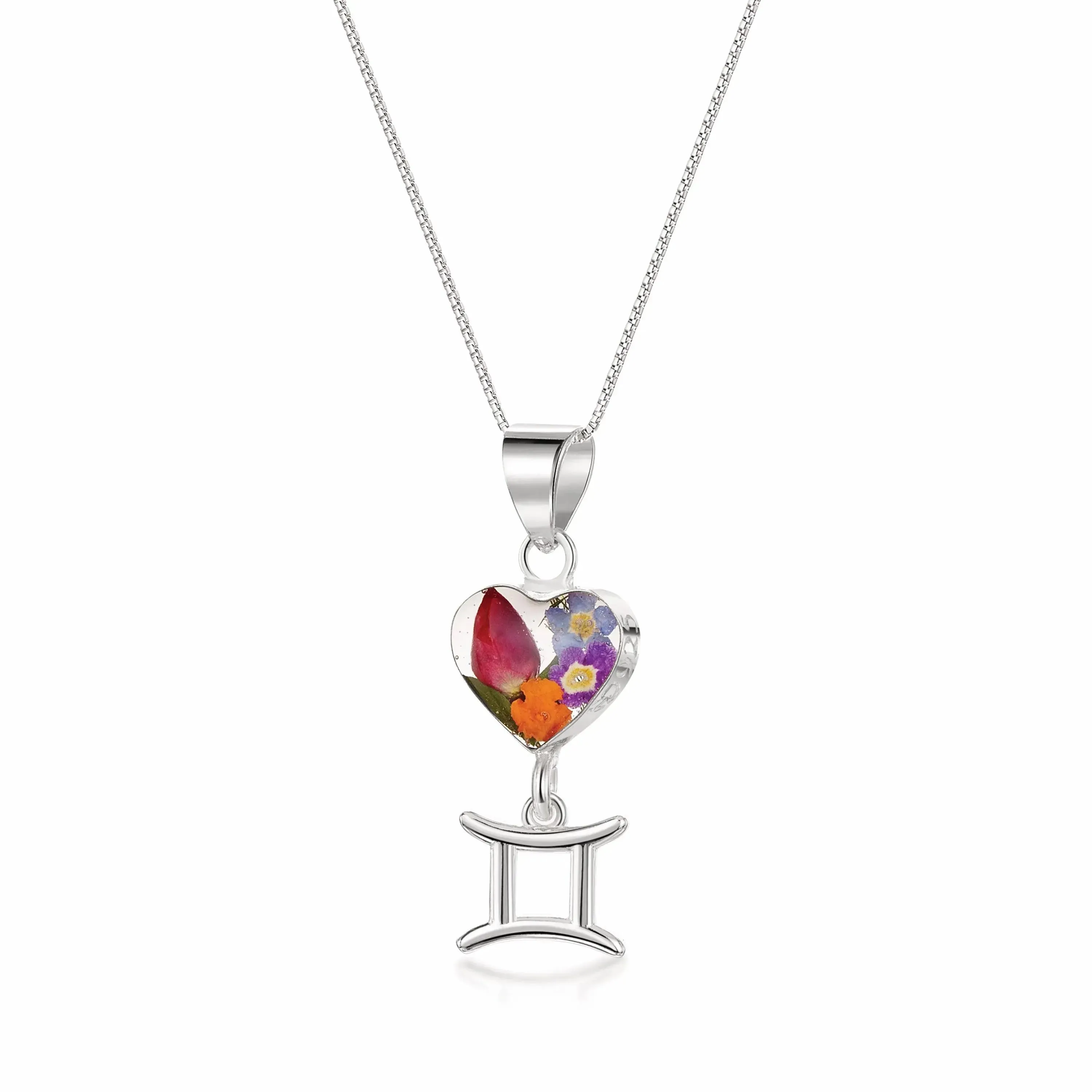 Gemini Necklace - Sterling silver pendant with real flowers & a zodiac charm.  More Options...