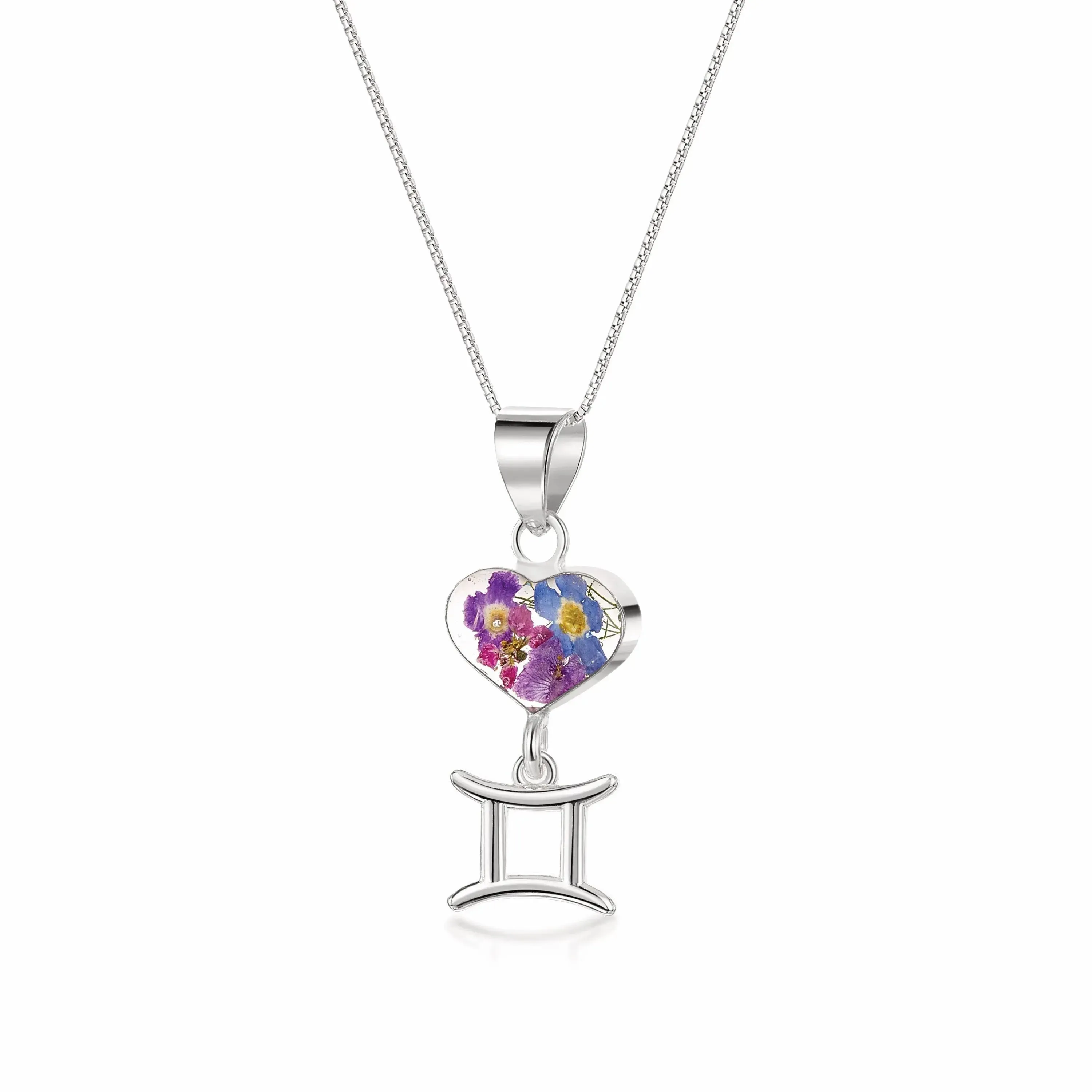 Gemini Necklace - Sterling silver pendant with real flowers & a zodiac charm.  More Options...