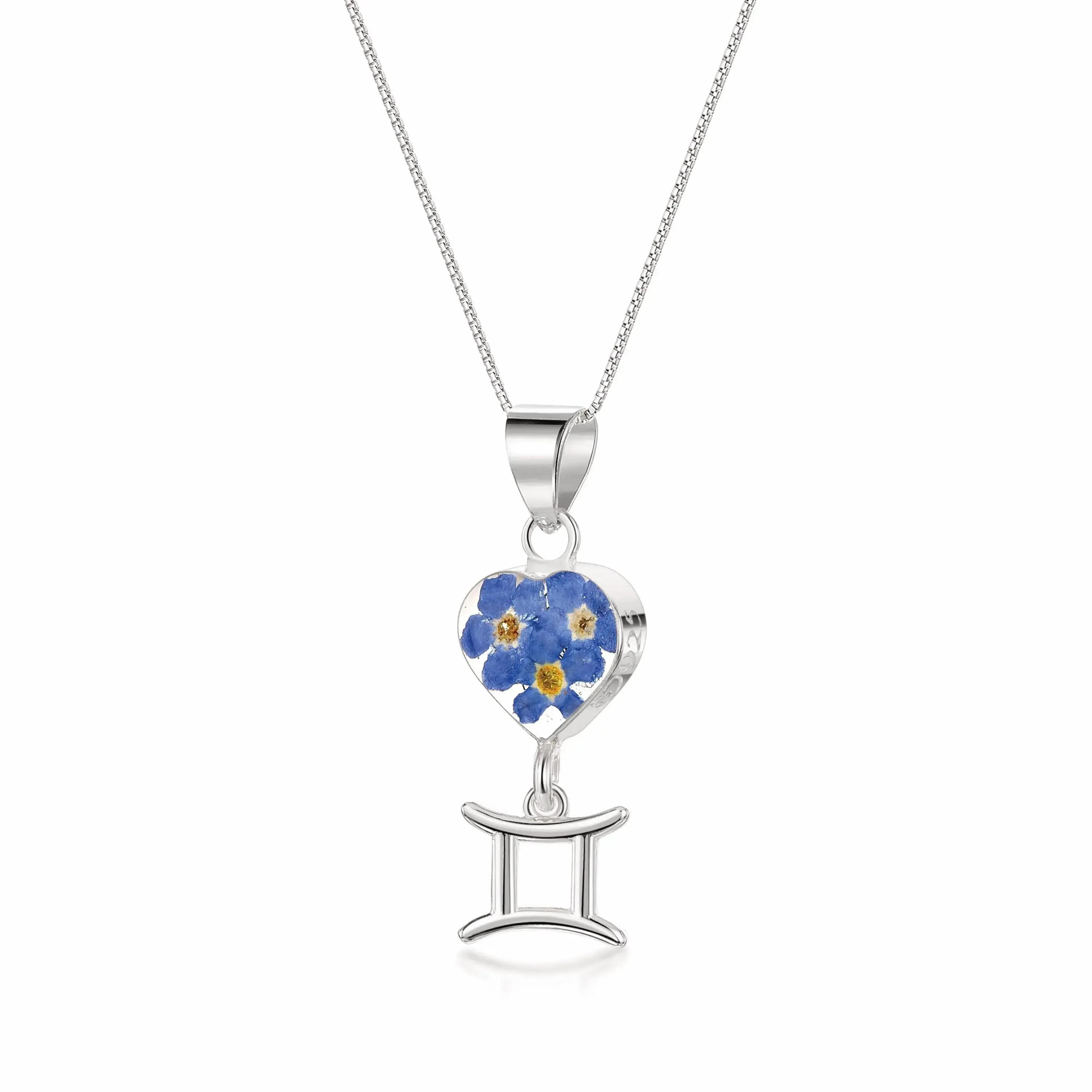 Gemini Necklace - Sterling silver pendant with real flowers & a zodiac charm.  More Options...