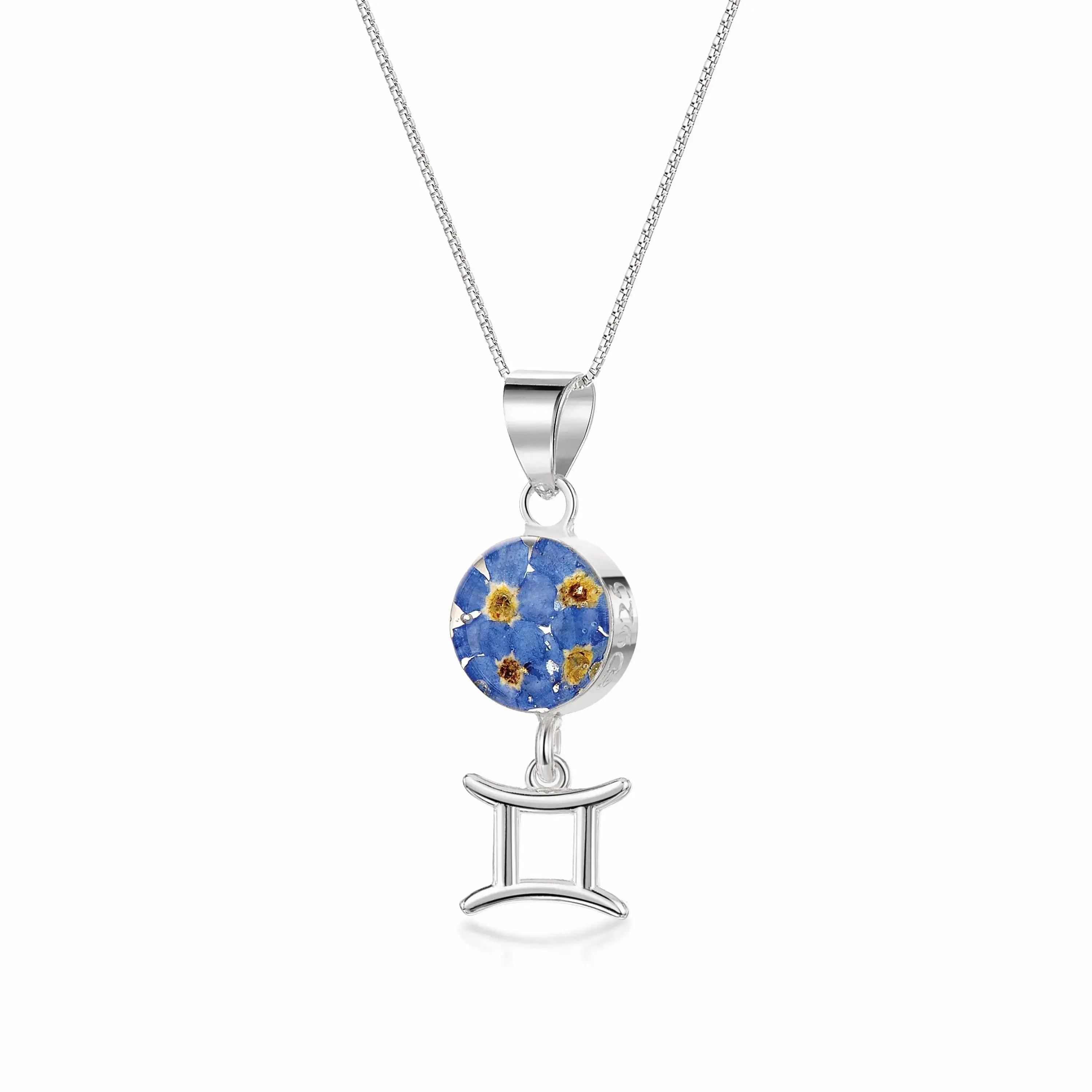 Gemini Necklace - Sterling silver pendant with real flowers & a zodiac charm.  More Options...