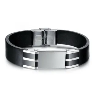 Genuine Leather Bold Men's Stainless Steel Bracelet