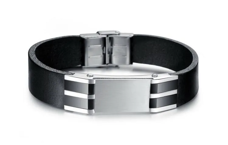 Genuine Leather Bold Men's Stainless Steel Bracelet