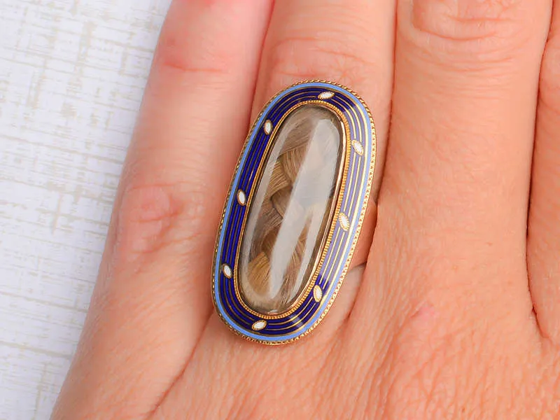 Georgian Memorial Hair & Enamel Locket Ring of 1799
