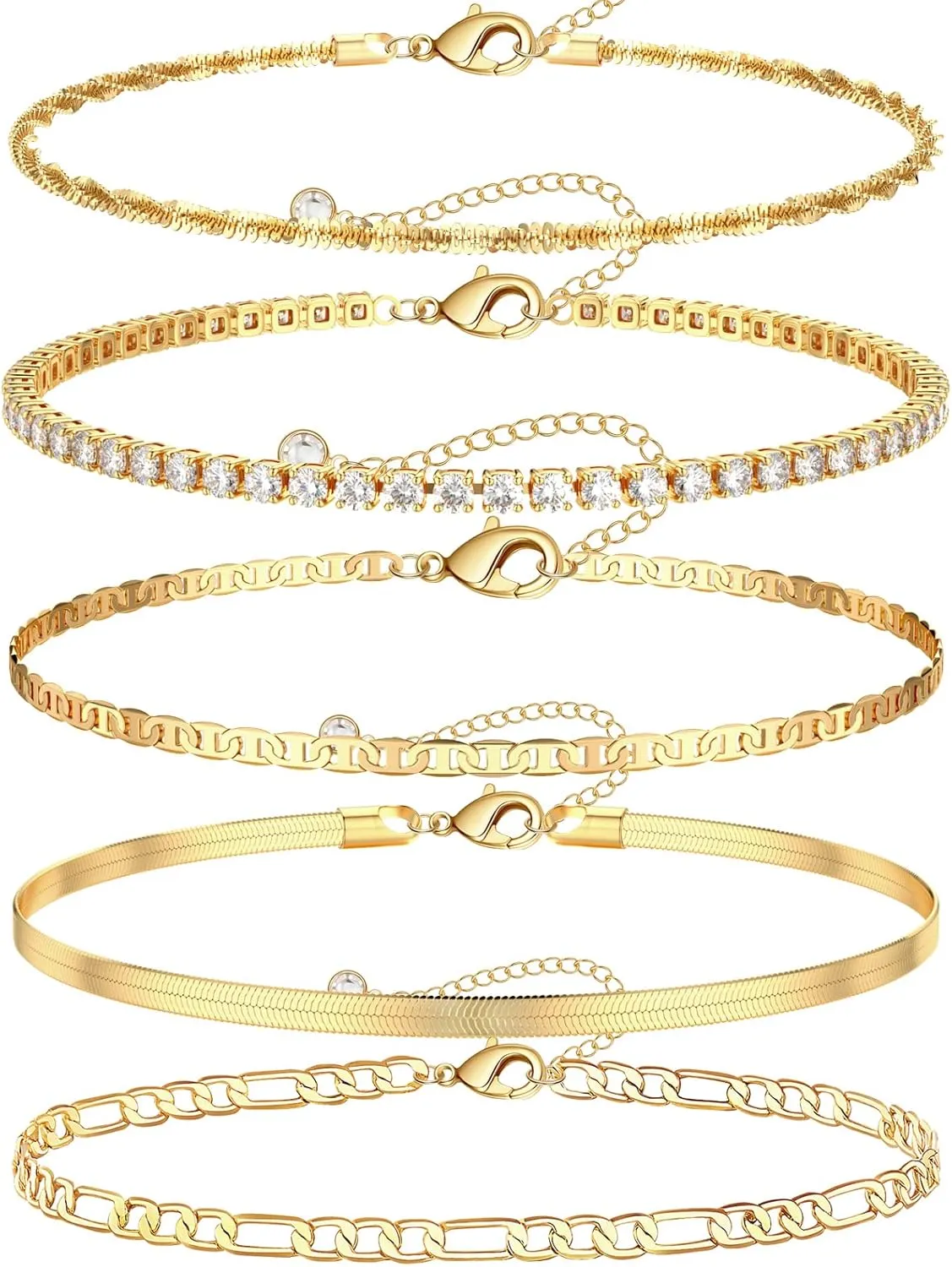 Gold Ankle Bracelets for Women 14k Gold Plated Beach Waterproof Layered Cuban Figaro Anklets Set Stackable Foot Jewelry for Gift