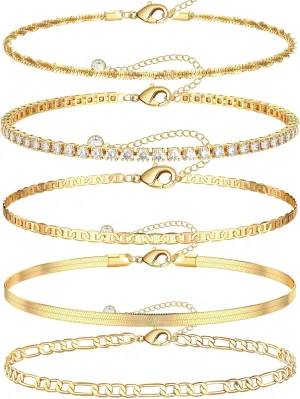 Gold Ankle Bracelets for Women 14k Gold Plated Beach Waterproof Layered Cuban Figaro Anklets Set Stackable Foot Jewelry for Gift