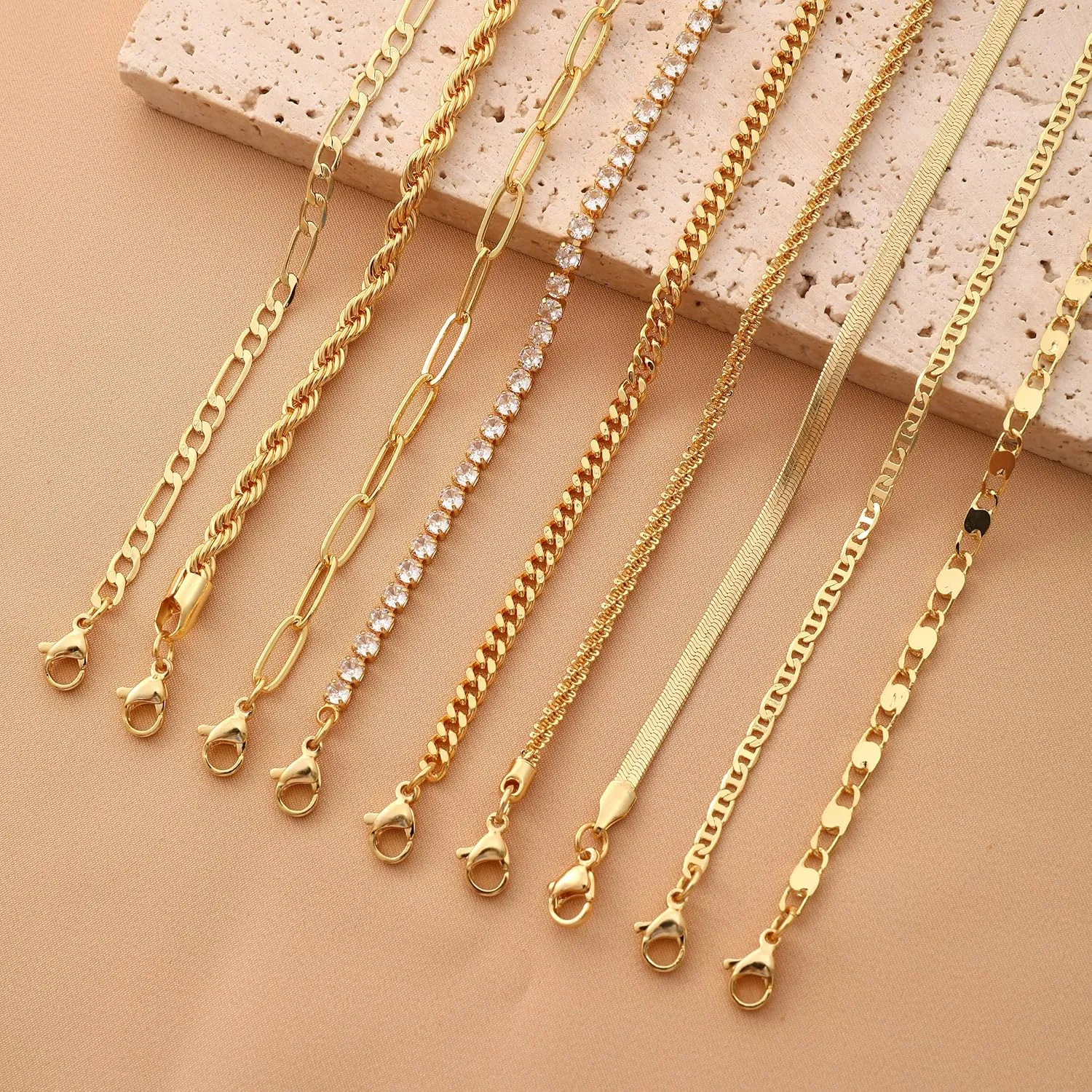 Gold Ankle Bracelets for Women 14k Gold Plated Beach Waterproof Layered Cuban Figaro Anklets Set Stackable Foot Jewelry for Gift
