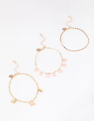 Gold Genuine Shell Butterfly Anklets 3-Pack