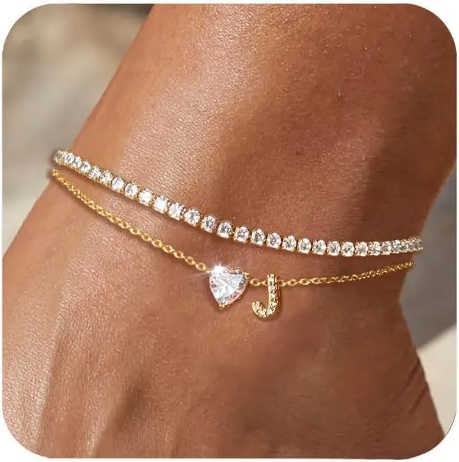 Gold Initial Ankle Bracelets for Women Waterproof 14K Gold Filled Layered Anklets for Women Non Tarnish Women's Anklets Adjustable Large Ankle Summer Beach Foot Jewelry