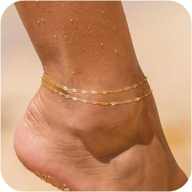Gold Lips Ankle Bracelets for Women Dainty 14k Gold/Silver Plated Waterproof Layered Anklets Trendy Waterproof Fashion Jewelry Gifts for Women