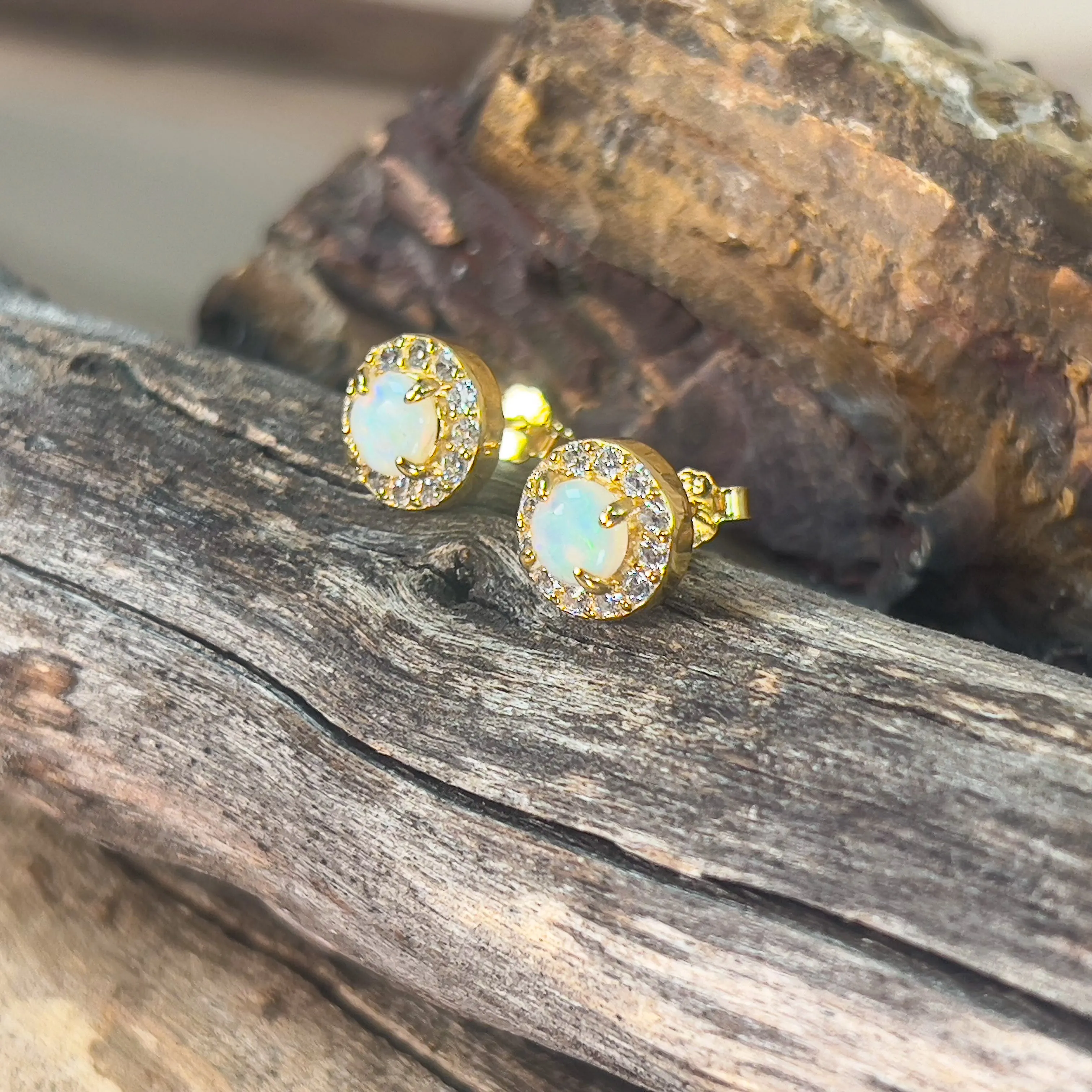 Gold plated Sterling Silver 5mm Light Opal halo studs