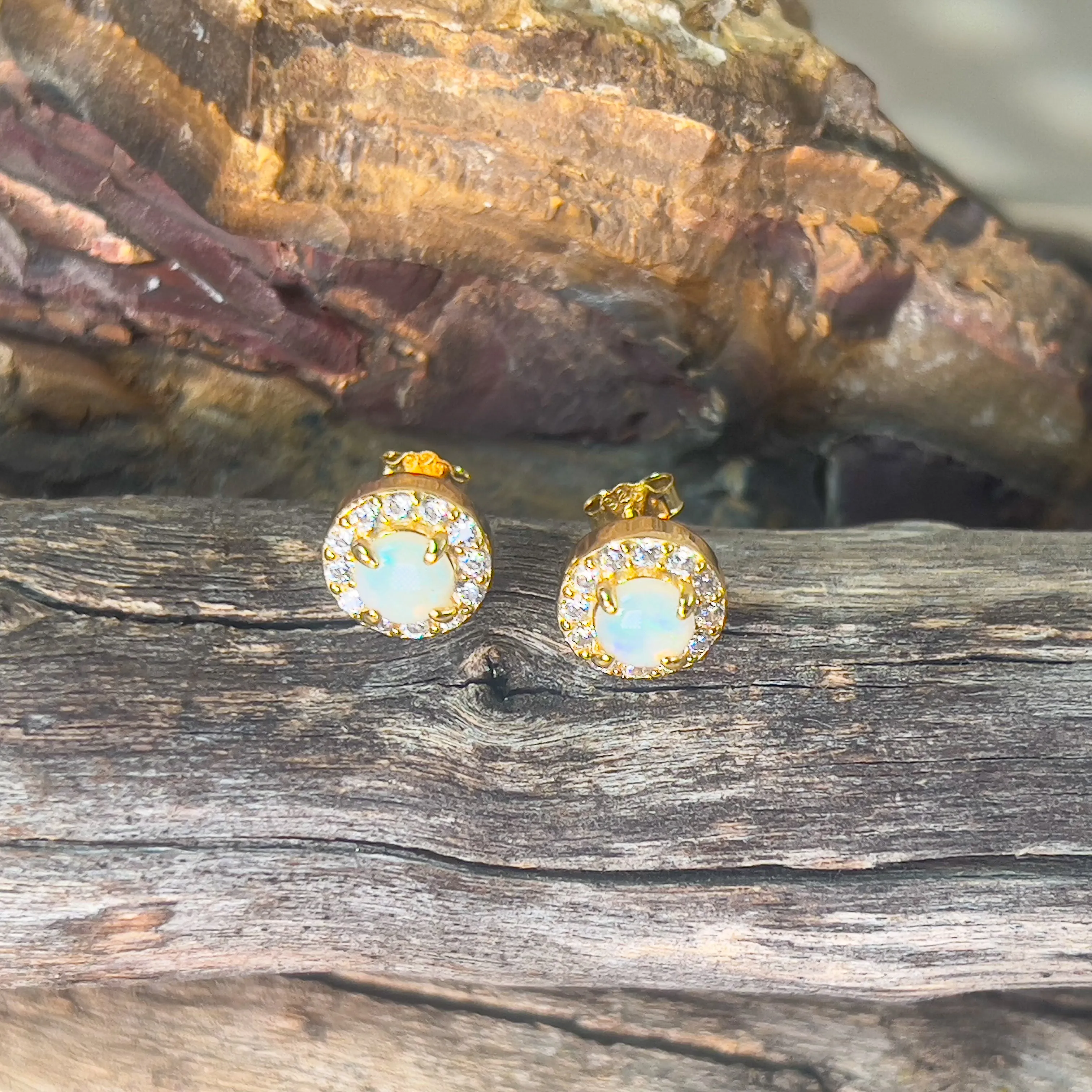 Gold plated Sterling Silver 5mm Light Opal halo studs