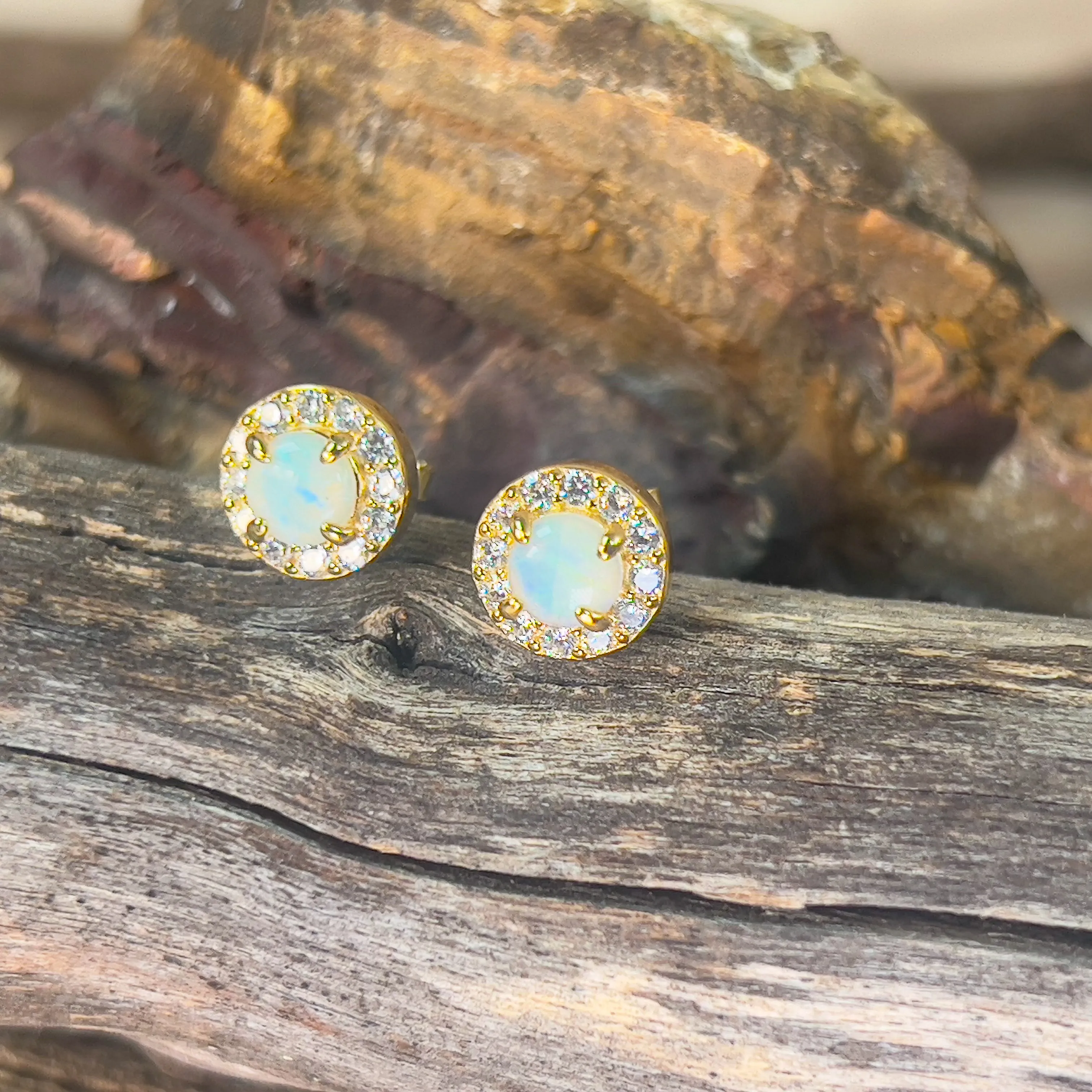Gold plated Sterling Silver 5mm Light Opal halo studs